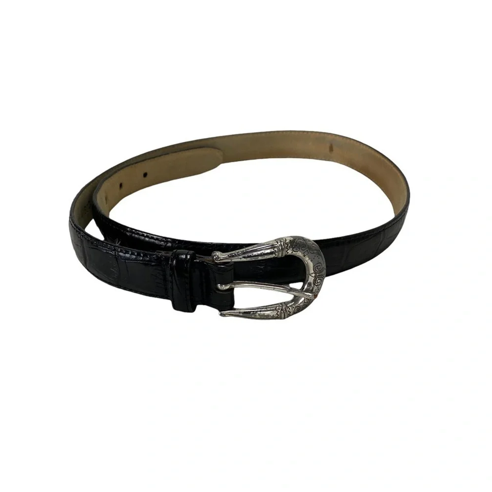 Brighton Black Leather Embossed Belt Silver Buckle‎